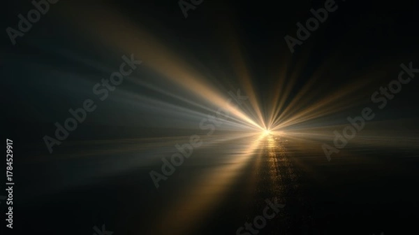 Fototapeta A serene scene with beams of light emerging from the horizon, reflecting on calm waters in a dark, tranquil environment.
