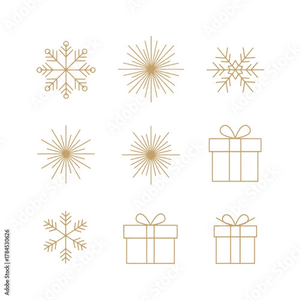 Fototapeta Elegant collection of gold Christmas icons. Set includes minimalist line art of snowflakes, gift boxes, and starbursts for festive holiday designs. Vector illustration