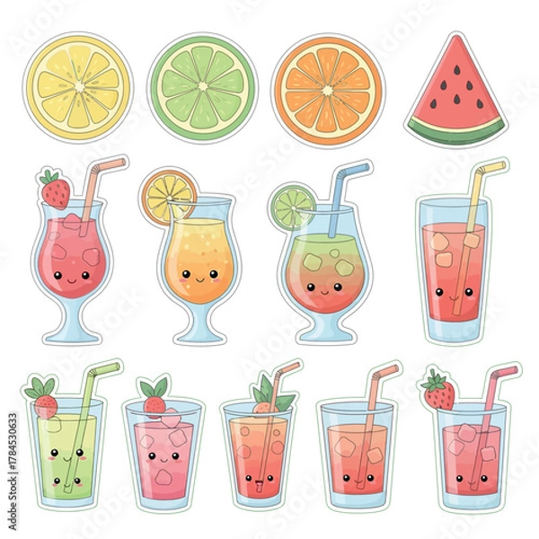 Fototapeta Cute Kawaii Fruit Drinks and Slices of Citrus and Watermelon