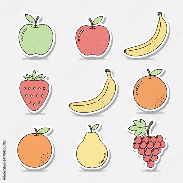 Fototapeta A vibrant collection of assorted fruit sticker icons, including apple, banana, and grape. A vector graphic set for healthy food and nutrition concepts