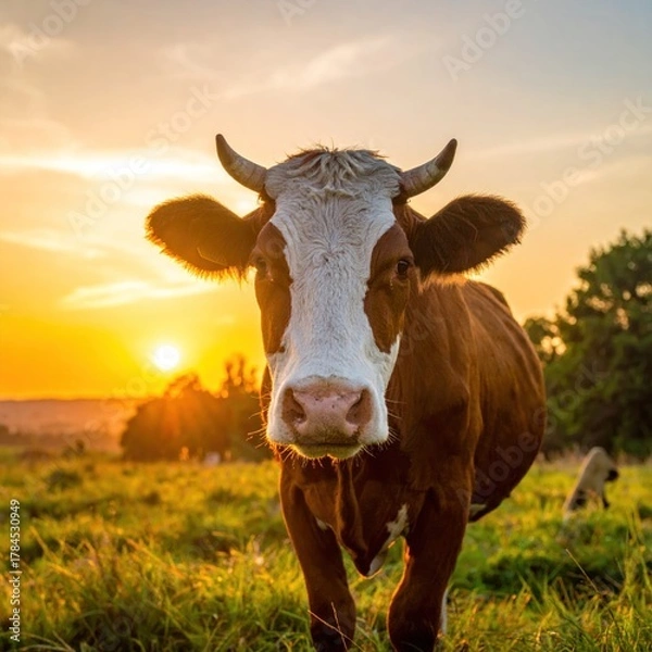 Fototapeta Close-up of a brown and white cow in a field at sunset