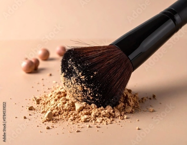 Fototapeta Close-up of a brush dusting face powder with small spherical accents