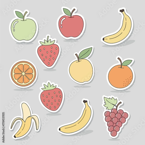 Fototapeta Assorted Fruit Stickers Vibrant Apple, Banana, Strawberry & Orange Set