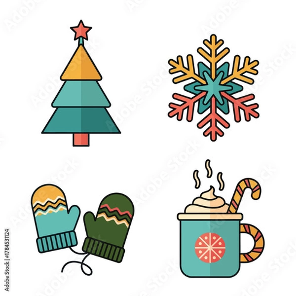 Fototapeta Festive Christmas Icons Tree, Snowflake, Mittens & Cocoa Vector