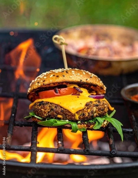 Fototapeta Close-up of a burger cooking over a grill with flames