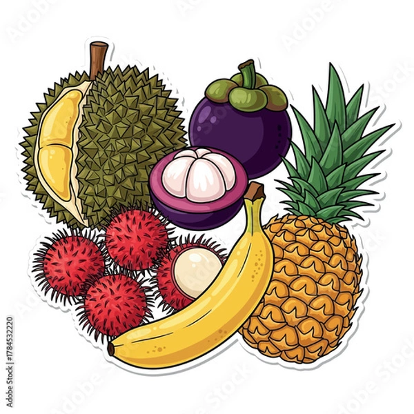 Fototapeta A vibrant collection of tropical fruits including durian, mangosteen, pineapple, rambutan, and banana, perfect for healthy eating and culinary inspiration