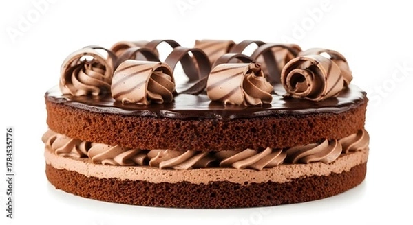 Fototapeta Rich Triple-Layer Chocolate Mousse Cake with Glossy Ganache Topping and Decorative Chocolate Swirl Rosettes