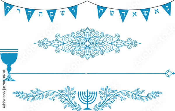 Fototapeta Collection of blue hanukkah decorative elements including a banner ornate dividers and a chalice