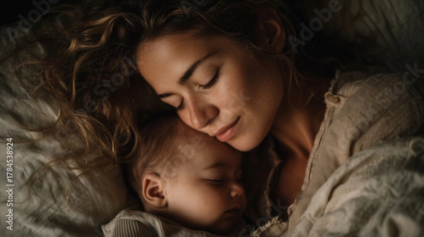 Obraz Realistic emotional moment showing postpartum mother resting beside her newborn, symbolizing tenderness, exhaustion, and deep love in early motherhood.