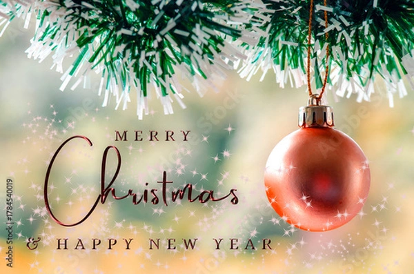 Obraz Merry Christmas and Happy New Year text with Christmas decoration background. Christmas celebration concept.