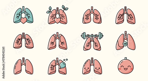 Fototapeta A grid of cartoon lungs with various embellishments hearts, leaves, weights, speech bubbles, "air" label, and smiling faces. The style is simple, using outlines and pastel colors