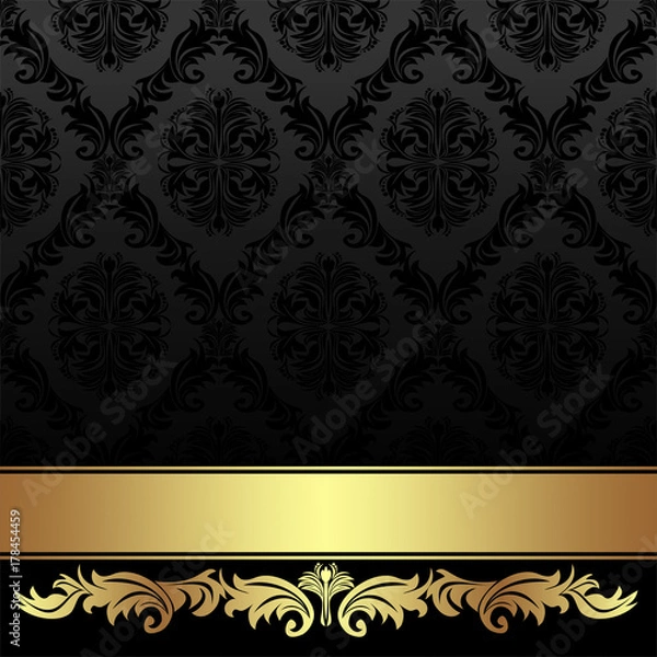 Obraz Ornate charcoal damask Background with golden Ribbon.