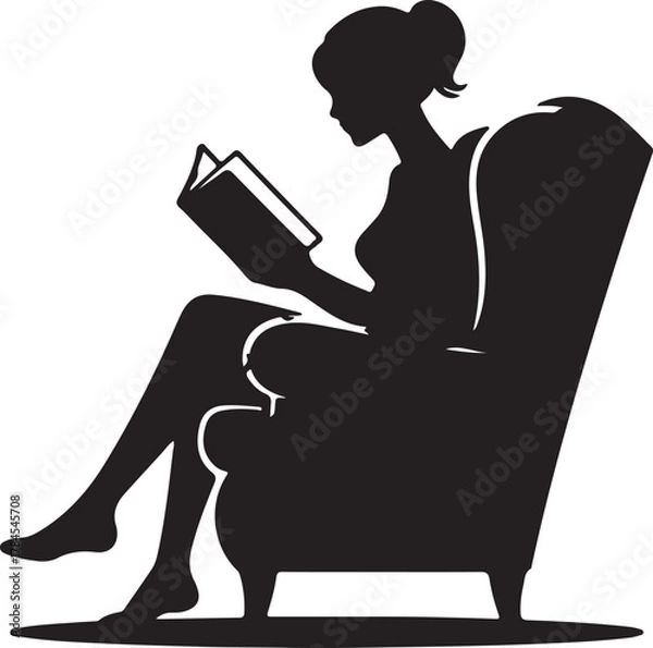 Obraz Lady Silhouette Sitting on Armchair and Reading Book with Shadow in Living Room Concept Vector Graphic Design Illustration
