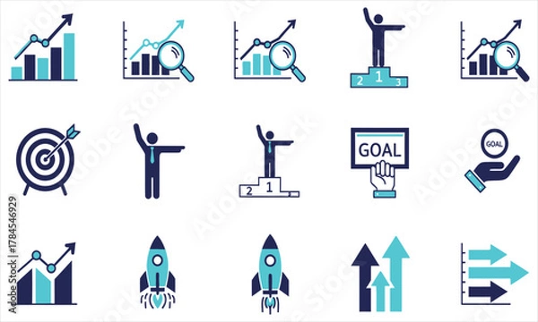 Obraz Collection of icons representing growth, success, business goals, and achieving objectives in a modern style