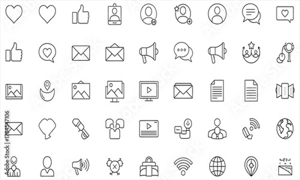 Fototapeta Set of social media icons heart, like, profile, notifications, mail, megaphone, chat, sharing and more