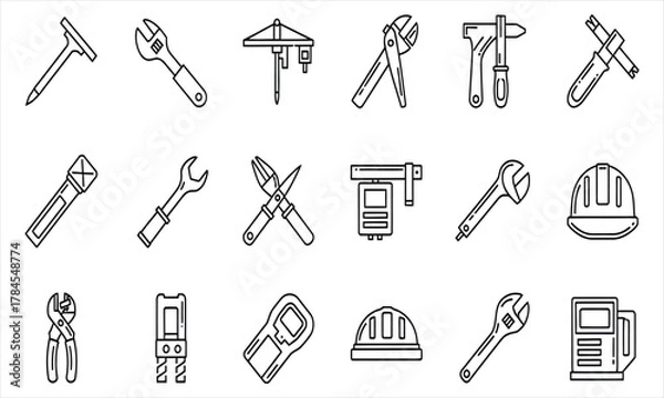 Fototapeta Set of industrial and construction tool icons. Engineering and mechanical repair equipment in thin line art style. Vector outline symbols 9