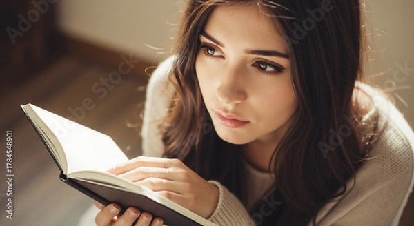 Obraz A pensive woman reading a book looks up, caught in a moment of quiet reflection in soft sunlight, creating a calm mood.