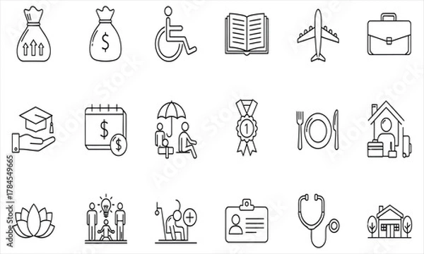 Fototapeta Essential vector line icons covering finance, education, travel, health, and lifestyle themes for digital design projects and user interfaces