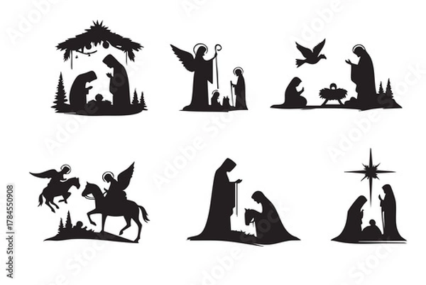 Obraz Nativity Scenes Silhouette Art Collection Festive Religious Celebration Iconography. isolated on white background