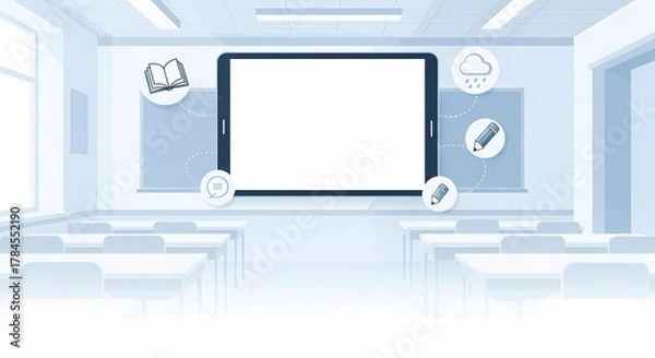 Fototapeta Classroom Tech Tablet and Education Icons in a Light Blue School Scene