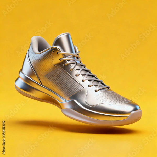 Obraz Silver basketball shoe on yellow background