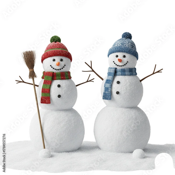 Fototapeta Two snowmen isolated on transparent or white background, png