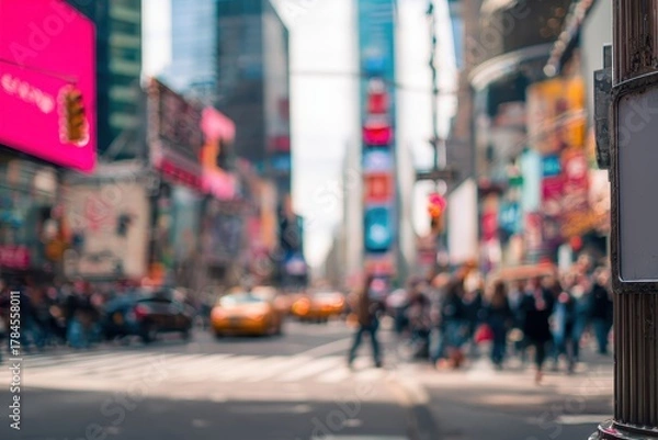 Fototapeta Urban Times Square NYC, blank square poster attached to lamppost, motion blur of crowd, taxis, neon signs, natural sunlight, clean urban aesthetic, ultra-realistic photo