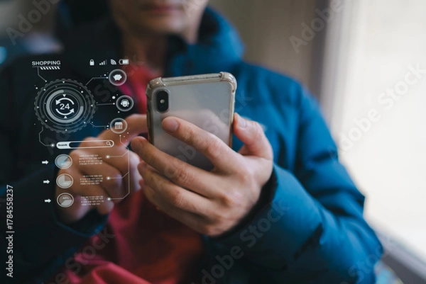 Obraz person using smartphone for online shopping with digital interface showing discounts, super sale, and e-commerce icons. Great for technology, mobile shopping digital marketing content.