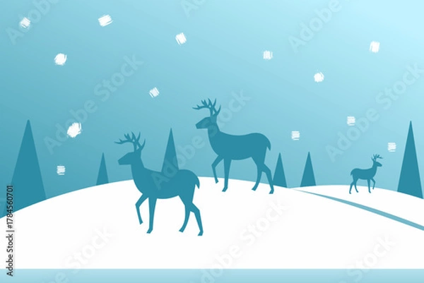 Fototapeta Winter Deer Landscape Background with Snowfall and Pine Trees – Minimal Blue Winter Scene for Holiday and Christmas Design