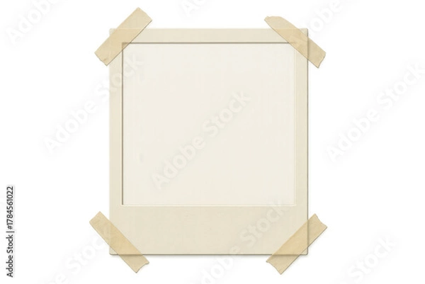 Obraz Empty instant film frame template with vintage white border and adhesive tape, isolated on transparent background