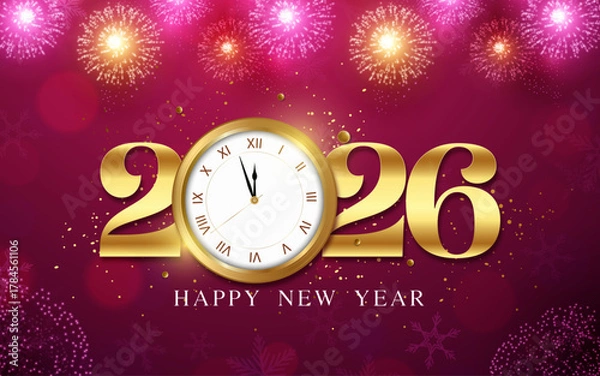 Obraz Happy New Year 2026 greeting. Beautiful handwritten quote. Confetti, Celebration, Greetings, Chinese New Year. Poster, card or banner. Vector isolated on white background	