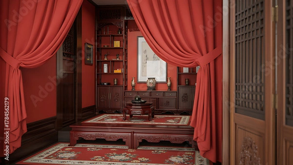 Obraz Luxurious Moroccan-style bedroom interior with elegant red and gold curtains, ornate canopy bed, arched doorway,Bridal Chamber,Wedding Night,Chinese wedding elements,Greenleaf Event Management,dreamy,