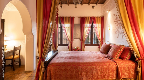 Fototapeta Luxurious Moroccan-style bedroom interior with elegant red and gold curtains, ornate canopy bed, arched doorway,Bridal Chamber,Wedding Night,Chinese wedding elements,Greenleaf Event Management,dreamy,