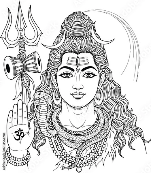 Fototapeta Lord shiva drawing line art hindu god mahadev shankar bholenath illustration eps silhouette
