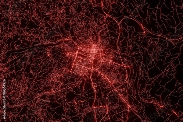 Fototapeta Street map of Maribor (Slovenia) made with red illumination and glow effect. Top view on roads network. 3d render, illustration