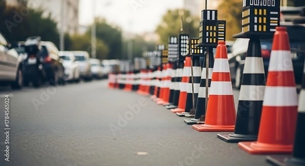 Fototapeta Row of orange and white traffic cones on a city street in the daytime