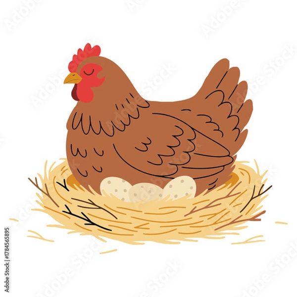 Obraz Hen Sitting on Nest with Eggs. Flat Vector Illustration