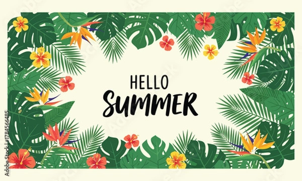 Obraz Vibrant 'Hello Summer' greeting banner with tropical foliage and exotic flowers, ideal for seasonal promotions, holiday invitations, and nature-inspired designs