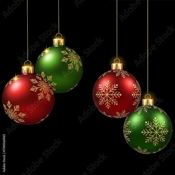 Fototapeta Elegant christmas ornaments with golden snowflake design on black background