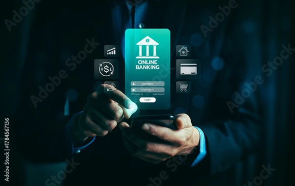 Fototapeta Online banking and digital finance concept with businessman using smartphone for secure transaction, mobile payment, financial technology, money transfer, investment, modern banking service innovation