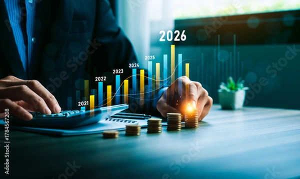 Fototapeta Business growth and financial investment strategy concept with hand stacking coins and bar chart showing increasing profit,  revenue forecast from 2021 to 2026, symbolizing success, economic progress