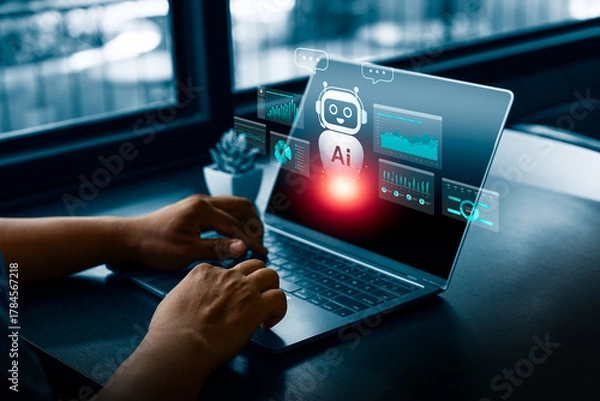Fototapeta AI assistant helping business concept showing person using laptop with artificial intelligence interface for data analysis, automation, and productivity improvement in modern digital technology