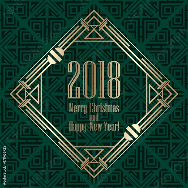 Fototapeta 2018 New Year greeting card in art deco golden style. Template for design. Vector illustration eps10