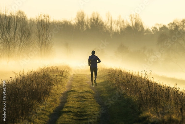 Obraz samotny biegacz w porannej mgle