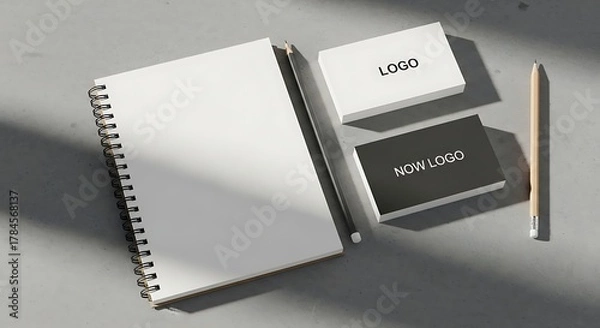 Obraz Overhead shot of a notebook, business cards, and pencil on a gray surface.