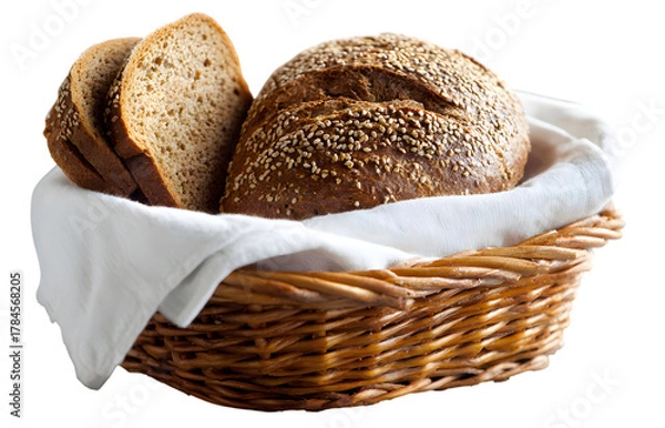 Fototapeta Whole wheat bread in a basket isolated on transparent background bread on a cane basket isolated on transparent background 