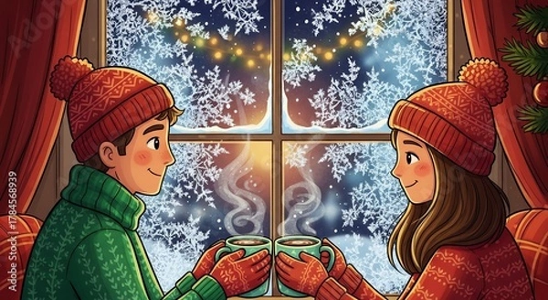 Fototapeta Couple enjoying a Cup of Hot chocolate inside a cozy interior during winter morning with visible icy texture on the window