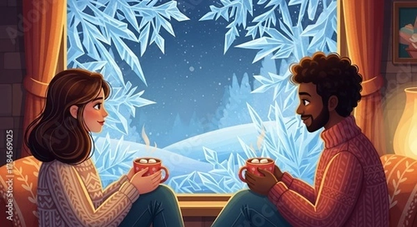 Fototapeta Couple enjoying a Cup of Hot chocolate inside a cozy interior during winter morning with visible icy texture on the window