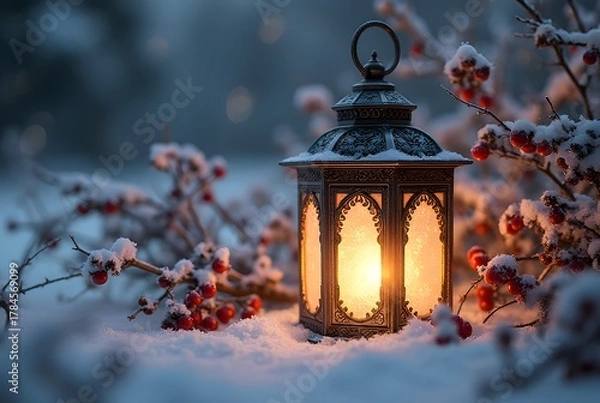 Fototapeta Nordic Christmas Lantern Beside Snowy Branches: Close-up of a glowing Nordic-style lantern surrounded by snow-covered branches and red berries.