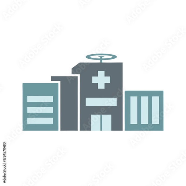 Fototapeta Modern Hospital Building With Helipad Surrounded By Pine Trees Featuring Symmetrical Architecture And Soft Teal And Gray Colors